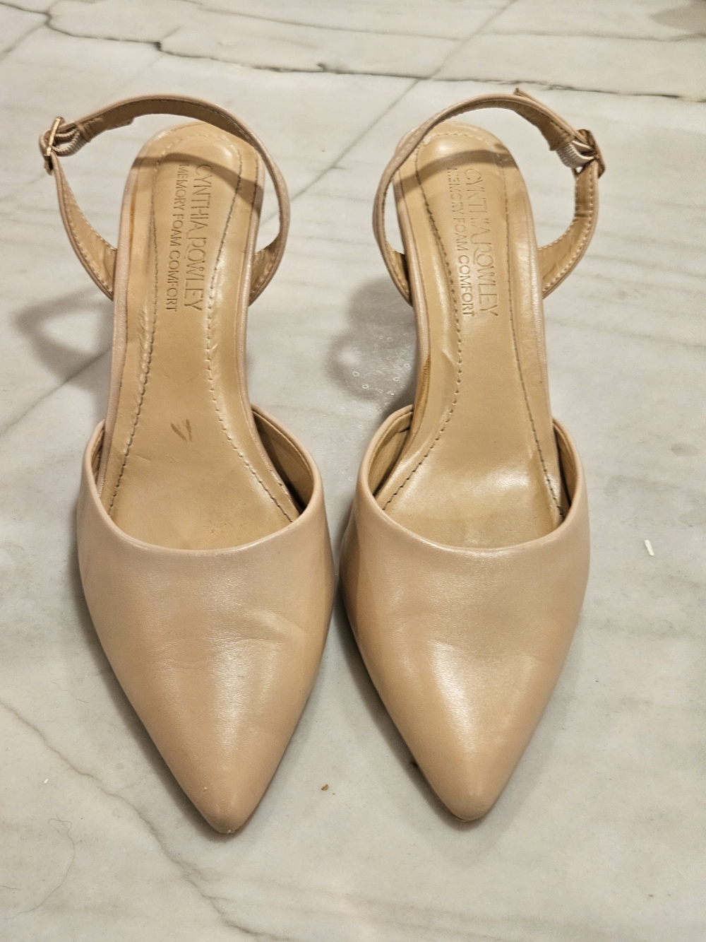 Cynthia Rowley Heels Nude Leather Slingback Pumps Pointed Toe Memory Foam Sz 9